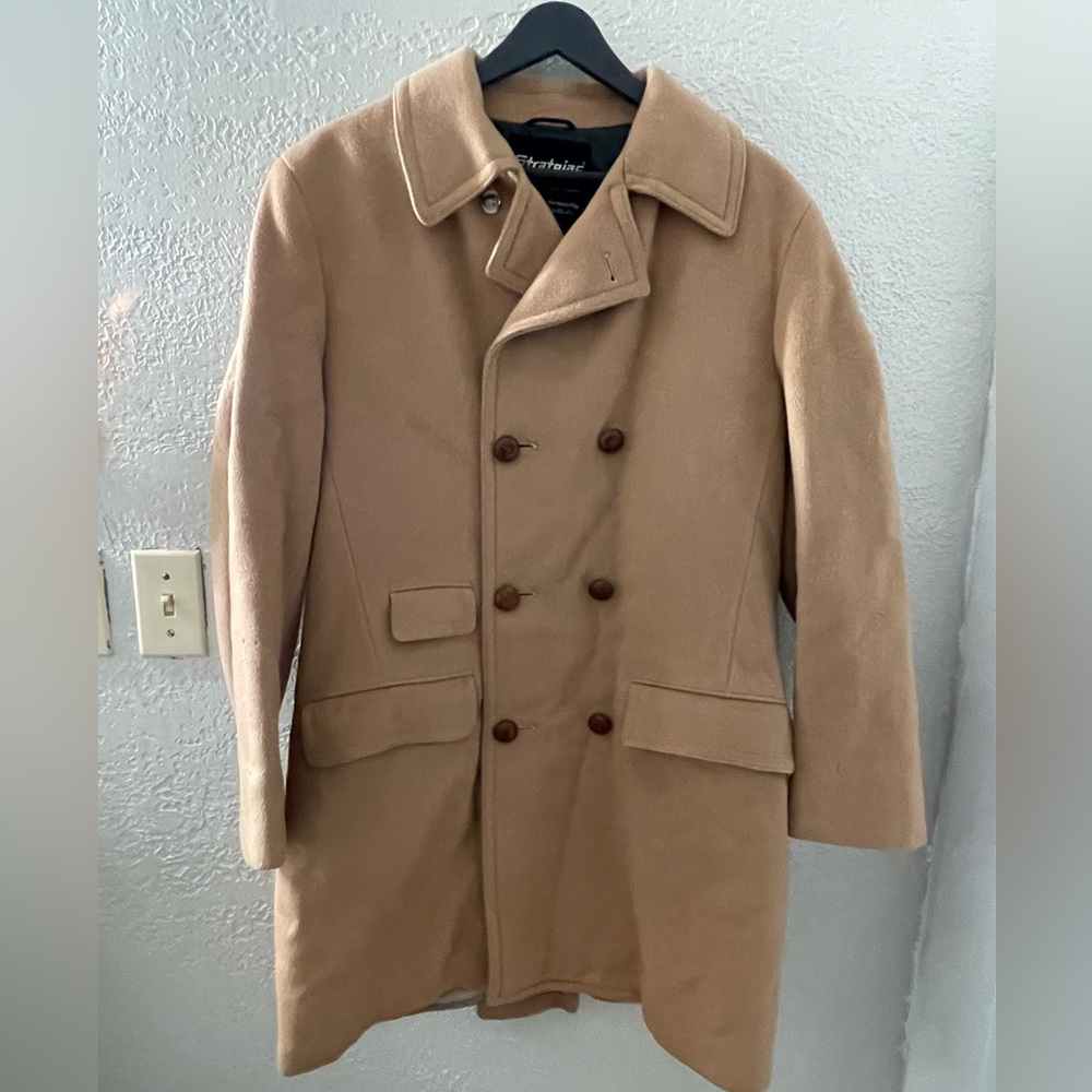 VTG 1970s Stratojac Men's Wool Tan Double Breasted Coat Fur Lining USA Size 38 - Picture 3 of 14